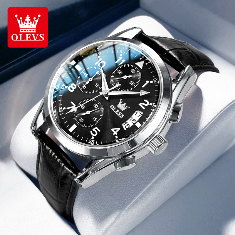 Leather Watch Band Men - OLEVS montre à Quartz pour hommes